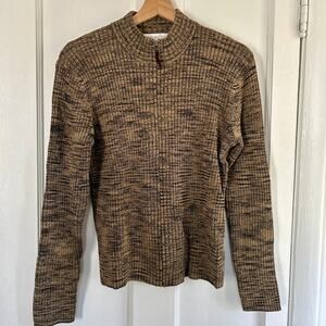 Vintage 90s Zip Up Cardigan Medium | Black Tan Rayon Blend Sweater Top
